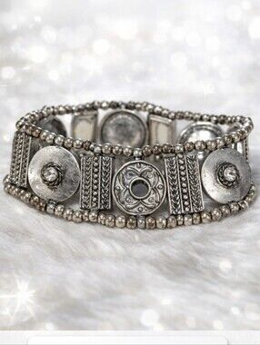 Boho Vintage Silver Metal Beaded Bracelet  Festival Jewelry Statement Cuff